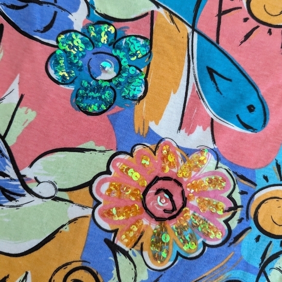 LULU-B floral bird print sequin cotton multicolor Tshirt batwing size Small - Picture 4 of 11